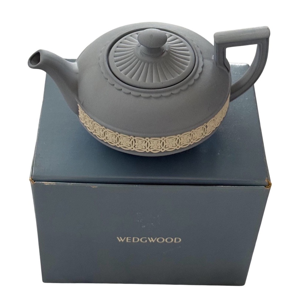 Wedgwood Blue Jasperware Mini Teapot White Relief England w/ Box